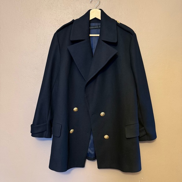 Zara Women's Navy Wool Double-Breasted Peacoat with Gold Buttons Size Large - Picture 2 of 14